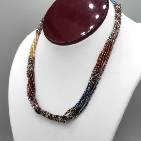 Handcrafted Multi Strand Seed Bead Boho Necklace Brown Gold 16 in Button Close - Picture 3 of 9